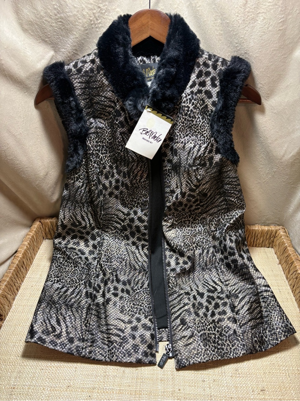 Bob Mackie Black & Gray Animal-Print Faux Fur Trim Vest